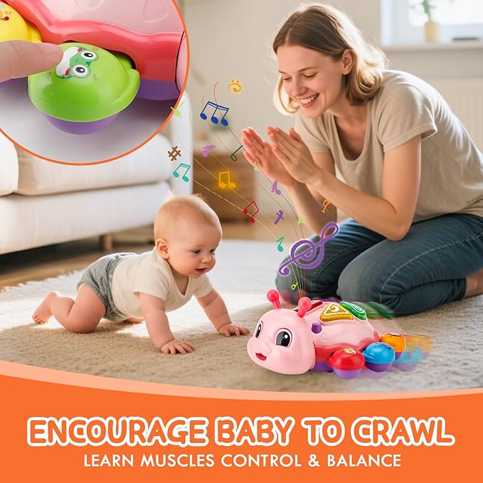 Baby Toys 6-12 Months, Crawling Musical Baby Toy with Obstacle Avoidance, Lights & Music, Interactive Tummy Time Learning Toy with Animal Sounds, English Spanish Developmental Gift for Boys & Girls