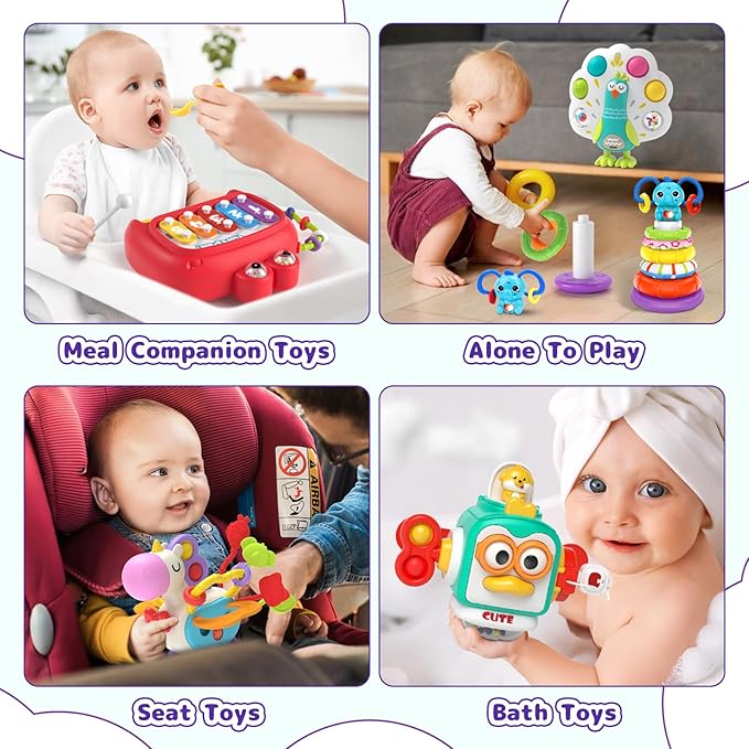 usrela 5 in 1 Baby Toys for 9 12 18 Month, Learning Toy for Babies 6-12 Months, Baby Busy Cube, Stacking&Sensory, Pull String&Piano Xylophone Toy, Birthday Gift for 7 8 9 Month