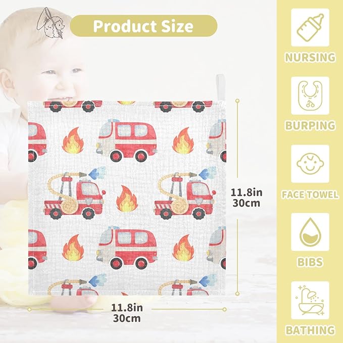 vvfelixl Baby Muslin Washcloths, Fire Department Funny Cars Baby Burp Cloths, Cotton Baby Face Towel for Newborn Infants Boys Girls Soft and Absorbent 11.8 X 11.8 in, 3 Pack