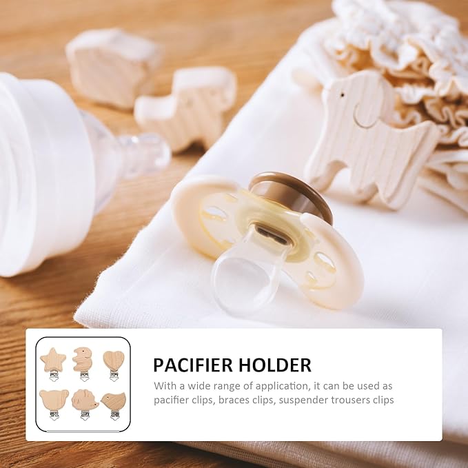 Garneck 6Pcs Natural Wood Suspender Pacifier Clips Cute Beech Wooden Animal Shape Clips Charm DIY Beading Pacifier Chain Accessory (Mixed Style)