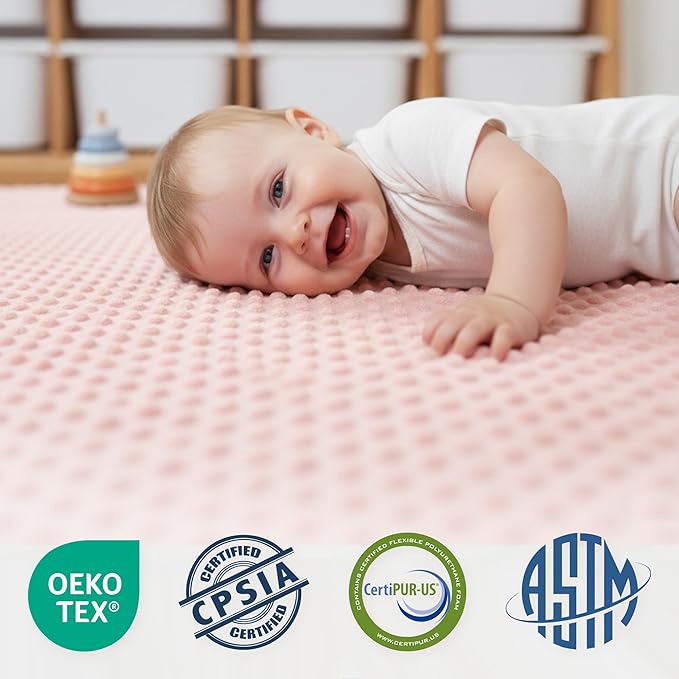 Huloo Sleep Baby Floor Play Mat for Playpen, Extra Thick 50"x50" Padded Mat with Ultra Soft 3D Minky Dot & Removable Washable Cover, Non-Slip & Safe for Crawling,Tummy Time,Infant/Toddler (Pink)