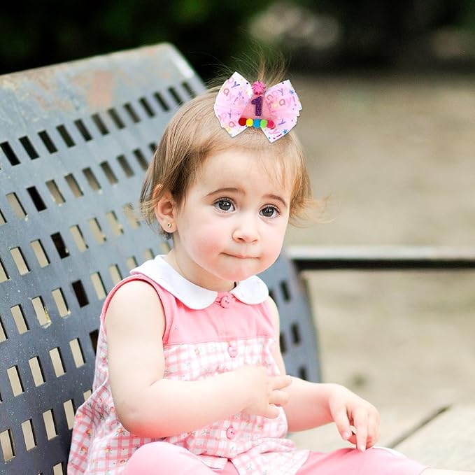 2Pcs Birthday Hair Bow for Baby Girls 1 2 3 4 5 7 Years Bow Sprinkles Decorations Confetti Ice Cream Birthday Party Decorations Pink Toddler Hair Clips Accessories for Girls(One)