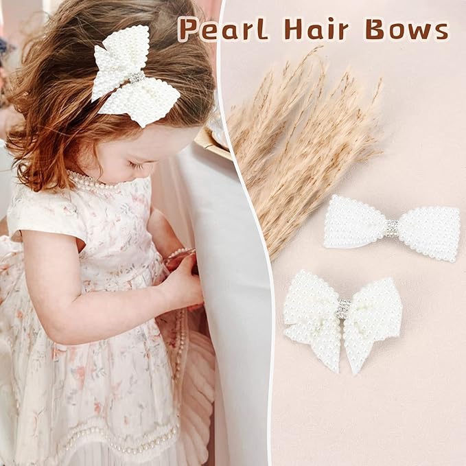 4Pcs Pearl Hair Bows for Girls, White Butterfly Flower Hair Bow Clip Wedding Hair Accessories for Baby Infants Toddlers Kids (Small size-B)