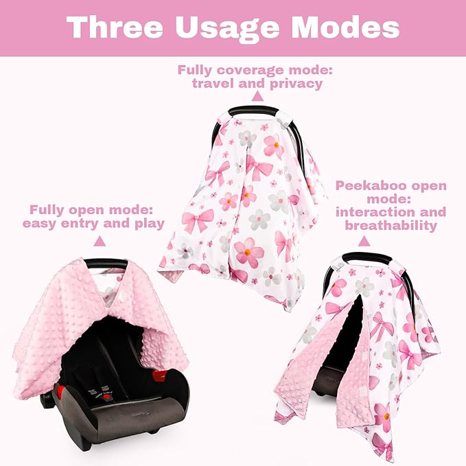 Hooyax Peekaboo Car Seat Cover for Baby Girl - Warm Minky Carseat Canopy with Adjustable Opening, Universal Fit for Infant Car Seats & Strollers, Soft Nursing Cover & Blanket (Pink Bow)