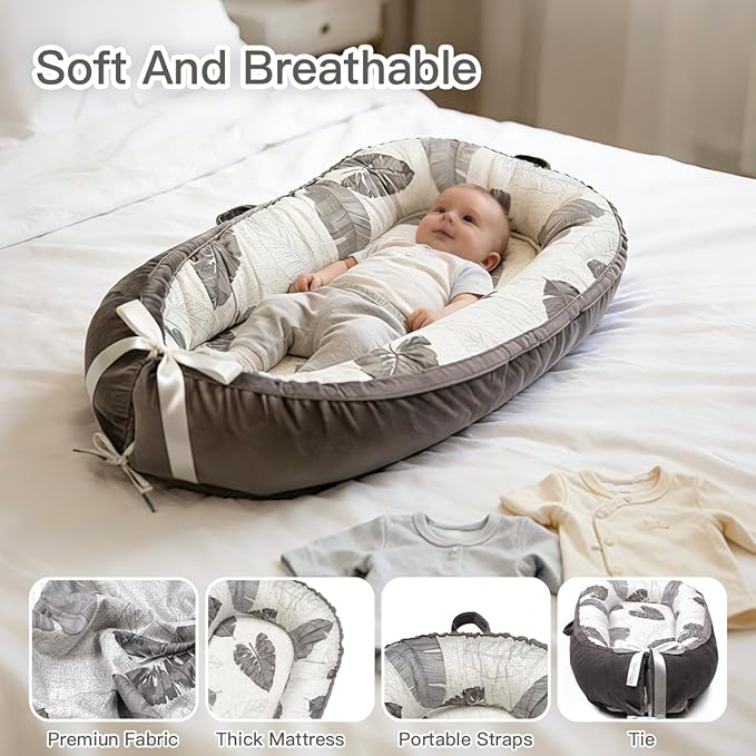 Baby Lounger | Organic Cotton Infant Lounger | Reversible, Adjustable & Portable Floor Lounger | Soft, Breathable, Washable Cover-Grey Leaves