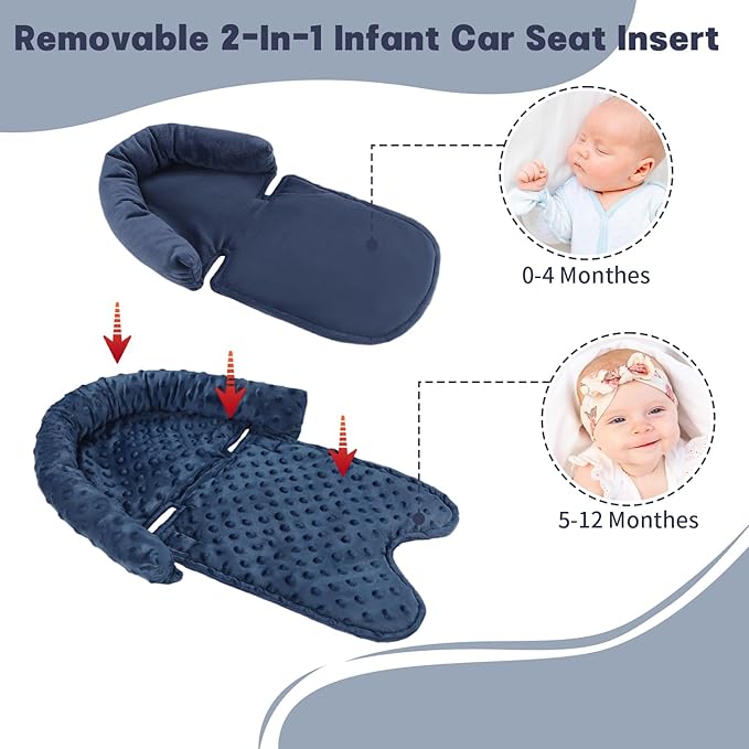 Infant Car Seat Insert, Baby Car Seat Head & Body Support with Straps Pads, Soft Newborn Preemie Carseat Insert Cushion for Girls Boys, Fits Car Seat, Stroller, Swing, Bouncer, Dark Blue