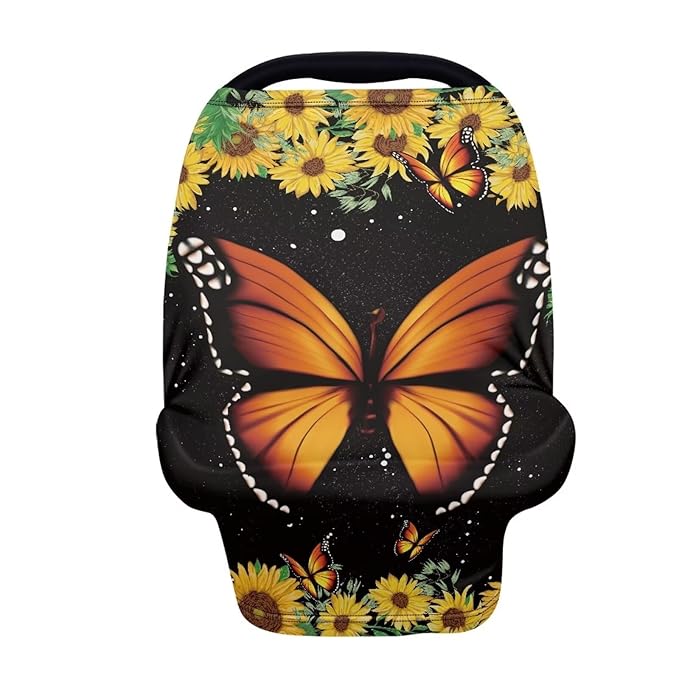 Forchrinse Sunflower Butterfly Print Baby Car Seat Canopy for Boys Girls-Soft Nursing Breastfeeding Cover Stroller Cover Baby Car Seat Cover Easy Install