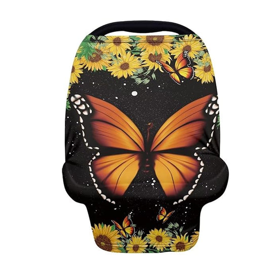Forchrinse Sunflower Butterfly Print Baby Car Seat Canopy for Boys Girls-Soft Nursing Breastfeeding Cover Stroller Cover Baby Car Seat Cover Easy Install
