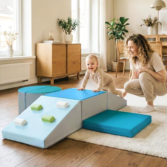 Olakids Climbing Toys for Toddlers, 6 Pieces Baby Foam Blocks Soft Play Set with PU Leather, Indoor Kids Climb and Crawl Sliding Activity Structure Gym Playground Climber (Azure)
