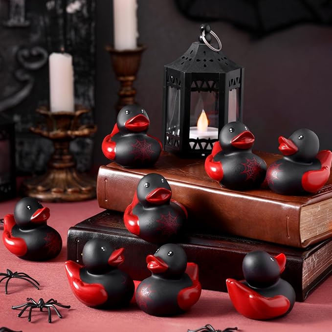Leyndo 24 Pcs Spiderweb Rubber Duck Bulk Spiderweb Birthday Party Decoration Favors Squeaky Red Black Rubber Duck for Bathtub Floating Pool Gifts Party Supplies