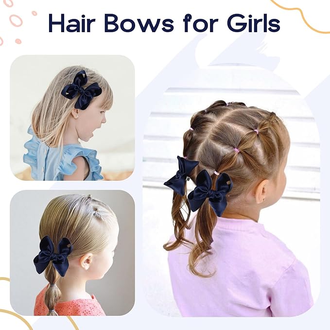 OAOLEER 2PCS 3.5inch Hair Bows for Girls，Navy Stain Ribbon Hair Bows Alligator Clips Hair Accessories for Back To School Teen Toddler Girls Kids (Navy)