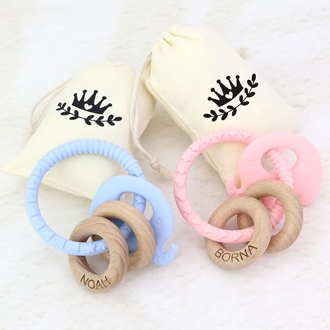 Personalized Teether Rattle with Name - Custom Teething Toys Wooden Ring Gift