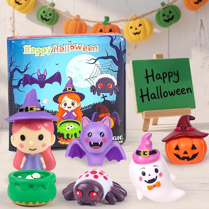 Halloween Light Up Bath Toys for Toddlers Kids, 7PCS No Hole Bath Toys with Magic Book, Witch,Cauldron,Bat, Ghost, Pumpkin, Spider, Halloween Party Favors Treat Bags Gift for Boys Girls Ages 3+