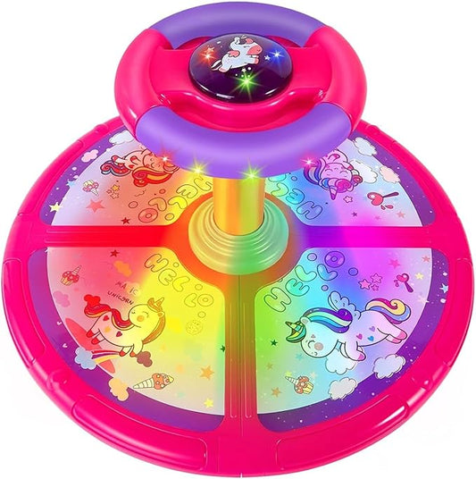 Unicorn Sit and Spin, GODELAIF Sit and Spin Toy 360° Spinning Stool Seat Sensory Toys Christmas Birthday Gift with Music & LED Lights for Kids Toddlers Girls Boys 2, 3, 4, 5, 6 Years Old