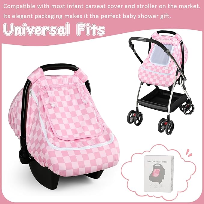 Baby Car Seat Cover with Mesh Window, Windproof Carseat Cover for Infant Girls, Infant Carseat Canopy with with Dual Zipper, Compatible with Most Baby Car Seat, Pink Checkered