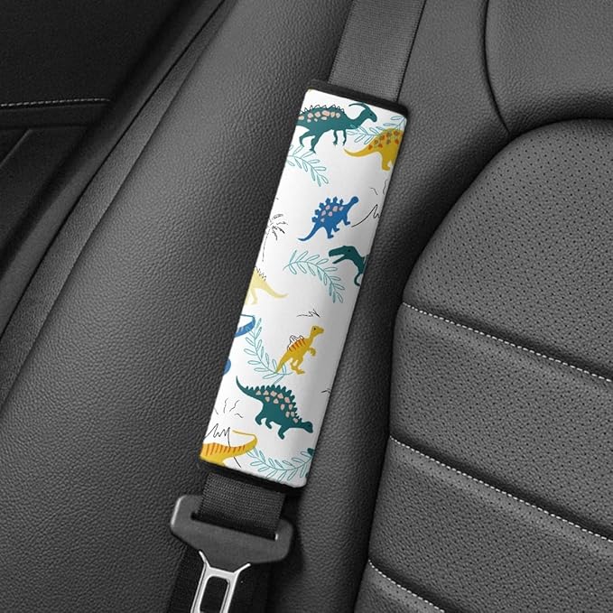 ENLACHIC Baby Car Seat Belt Cover, Cute Dinosaur Print Car Seat Shoulder Strap Pads, Infant Car Seat Cushion Safety Seatbelt Protector for Kids Boys Girls,Dinosaur Leaf