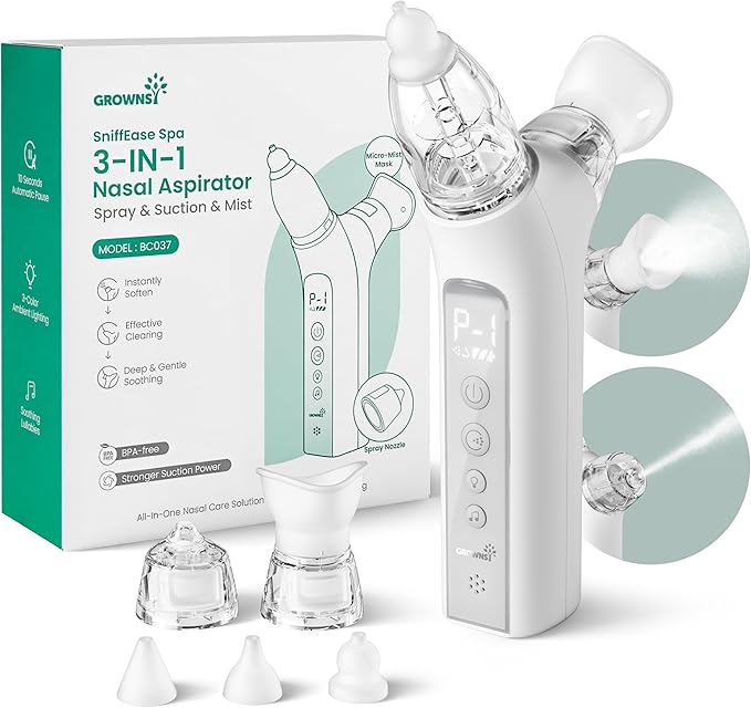 GROWNSY SniffEase Spa 3-in-1 Nasal Aspirator for Baby – Spray, Suction & Mist, Hospital-Grade Powerful Electric Nose Suction with Soothing Light & Music, Larger Chamber (Grey)