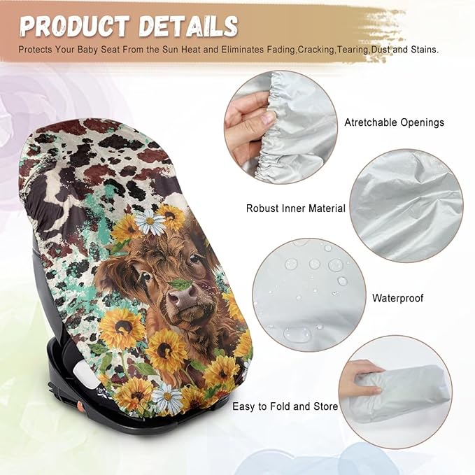 Baby Car Seat Cover Cute Highland Cow Car Seat Sun Shade Cover, Infant Car Seats Heat Protector, Travel Car Seat for Toddlers 1-3, Baby Travel Accessories, Sunflower Daisy Brown