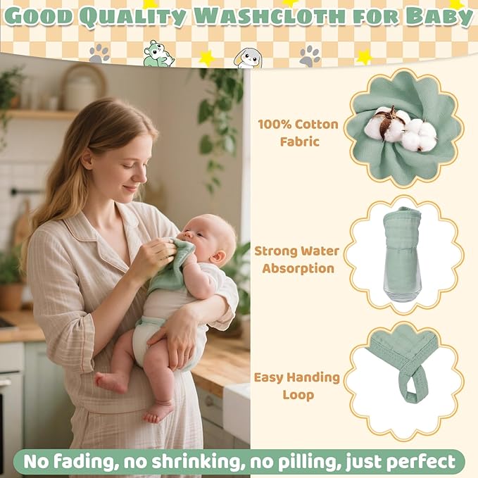 Flasoo 6 Pcs Muslin Hooded Baby Bath Towels Sets - 2 Pack 100% Cotton Baby Towel & 4 Pack Muslin Washclothes- 32x32Inch Baby Towels Cotton for Babies, Infants, Toddlers, 100% Cotton, Bath Essentials