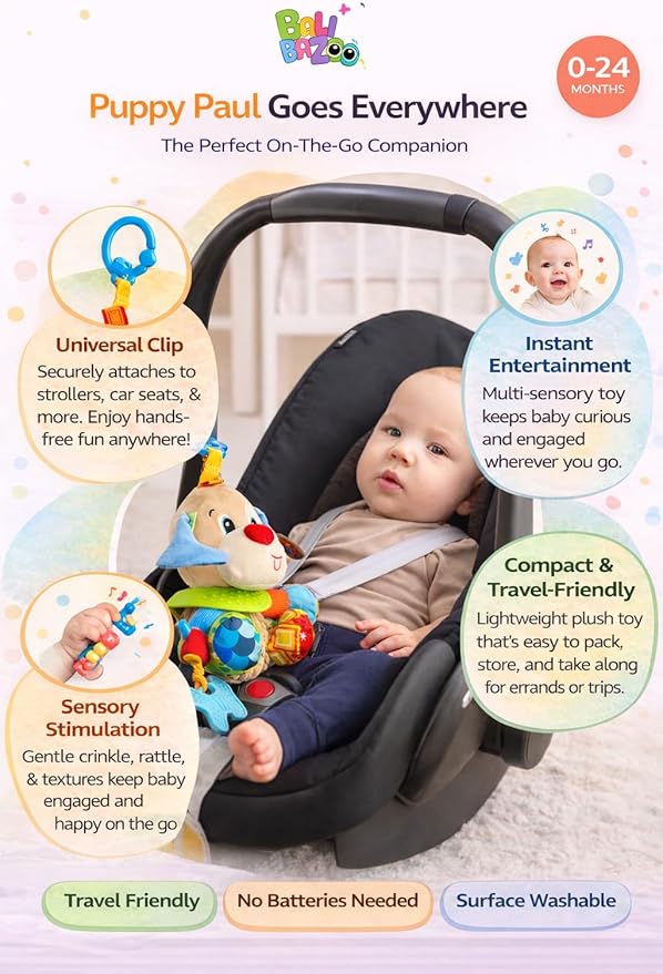 Balibazoo Puppy Paul Hanging Baby Toy for 0-24M - Developmental Sensory Activity Toy | Crinkle, Rattle, BPA-Free Silicone Teethers | Clip for Stroller, Car Seat | Soft Plush Newborn Gift