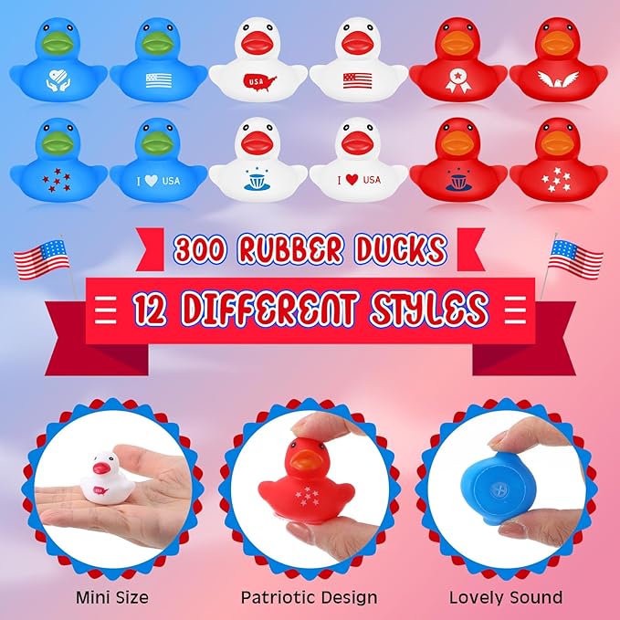 Junkin 300 Pcs Patriotic Rubber Ducky Bulk 1.57 Inch 4th of July Float Rubber Ducks Independence Day Small Duckies Bulk for Memorial Day Pool Party (Patriotic)
