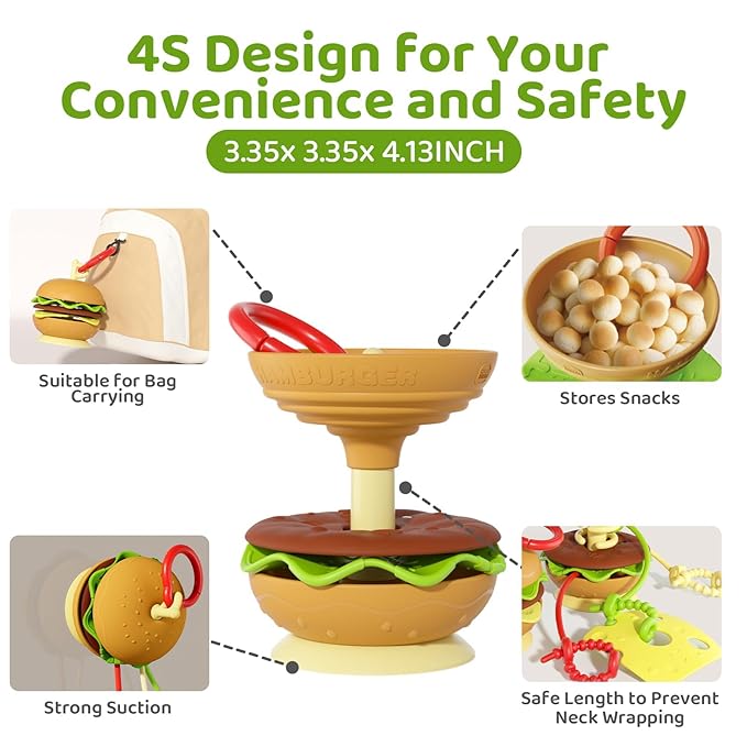 Aprilwolf Hamburger Suction Cup Toys Holder for High Chair, Stroller Baby Toys 6-12 Months & Toddlers, 3 Tethers Keep from Falling, Great for Restaurant & Car Seat Airplane Travel