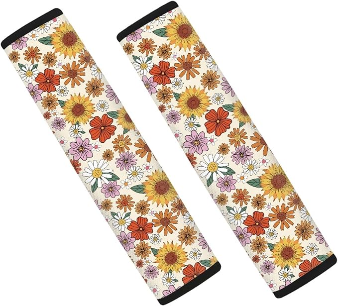 UNICEU Groovy Sunflower Floral Car Interior Safety Shoulder Seatbelt Strap, Soft Neoprene Car Seatbelt Cover for Women Kids Safety Shoulder Strap Pads