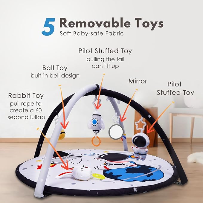 Lovvie & Joy Baby Play Activity Gym Tummy Time Mat for Newborn Infant,Baby Gyms & Playmats for Babies 0-6 9 12 Months with 5 Toys for Early Sensory Exploration and Motor Skill Development Space