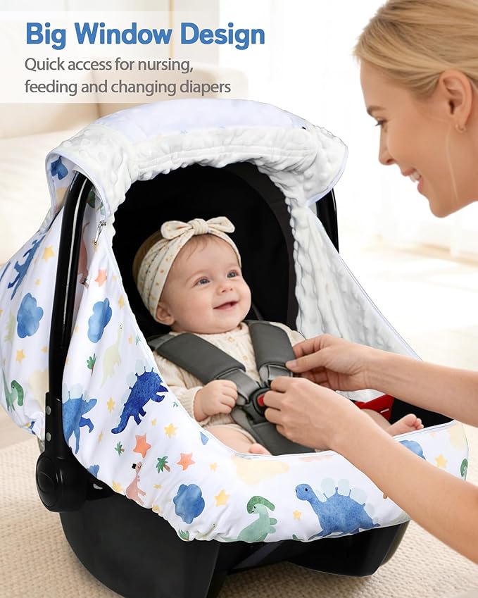 Car Seat Cover Baby Boy, Infant Carseat Covers with Mesh, Dual-Layer Protection for Summer Winter, Easy Access Newborn Canopy Breathable, Windproof & Fit Baby Stroller, Dinosaur