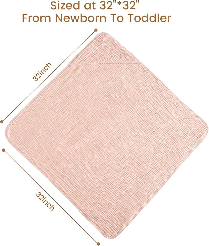david's kids 2 Pack Baby Hooded Towels, Large 32"x32", 6 Layer 100% Muslin Cotton Absorbent Girl Bath Towel for Newborn, Infant and Toddler. Soft and Breathable Baby Essentials, Pink Floral&Rose