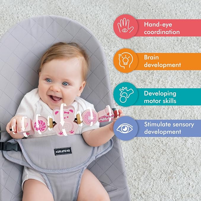 iGRATENS Baby Bouncer Toy Bar, Toy Bar for Baby Bouncer, Warm and Playful Pink Rainbow Design for Baby Girls, Easy to Attach and Remove, Child-Safe Paint, Safe for Babies