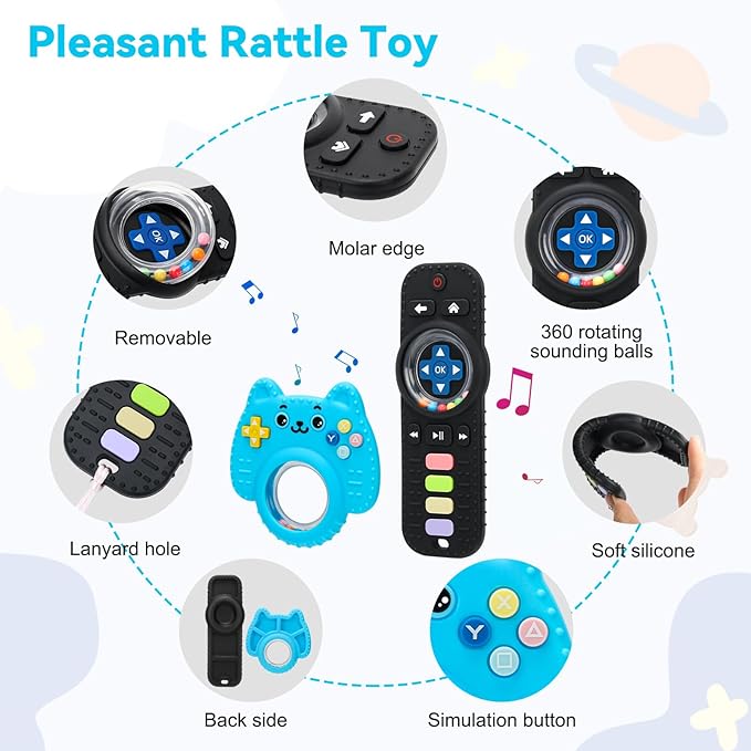 MISSLILI 2 Packs Teething Toy for Babies 0-6-9-12 Months, Silicone Baby Rattles Teether, Teething Relief Infant Toddles TV Remote Control Teether for 3-24 Months
