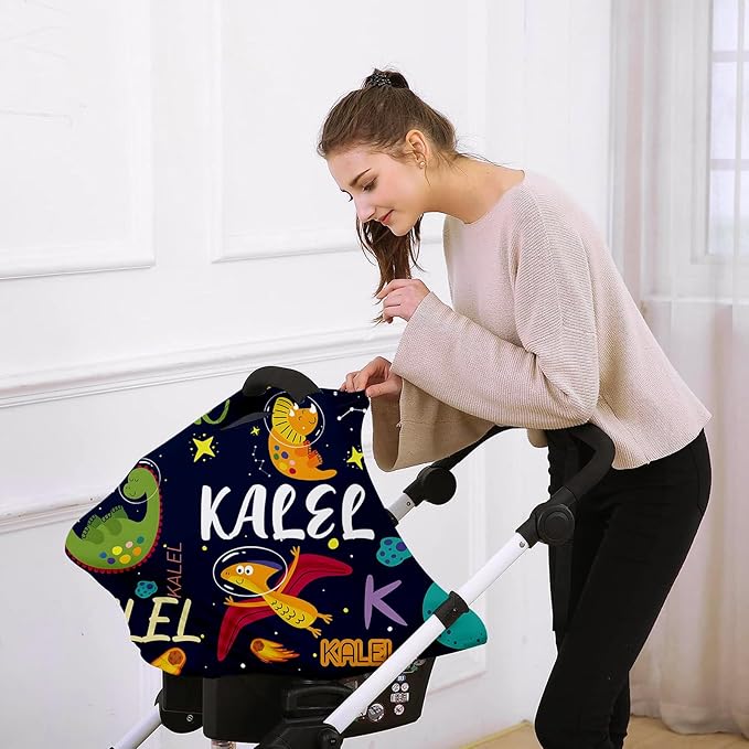 Custom Name Car Seat Canopy - Baby Car Seat Covers, Infant Stroller Cover, Black Dinosaur Print Carseat Canopy Christmas Birthday Gifts for Girls and Boys(27"x29")
