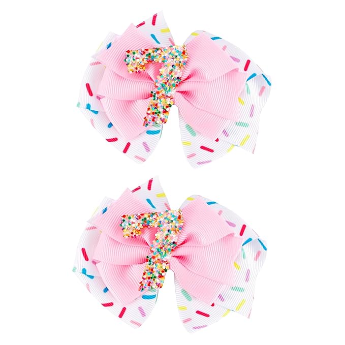 Birthday Hair Bow for Baby Girls - 2Pcs Pink Sprinkle Hair Clips for 7th Birthday Glitter Ice Cream Baby Bow Party Decorations for Girls Toddlers Hair Accessories (Pink-7 Years-Clips)