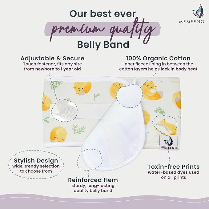 MEMEENO Baby Belly Band for Gas & Colic Relief - Heated Tummy Wrap for Newborns, Sleep Fox