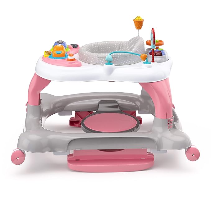 Storkcraft 3-in-1 Activity Walker and Rocker with Jumping Board and Feeding Tray, Interactive Walker for Toddlers and Infants, Pink