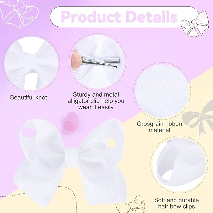 4 Inch Hair Bows,20 Pieces Hair Bows for Girls,Grosgrain Ribbon Hair Bow with Alligator Clips,White Bows Hair Accessories for Toddlers Baby Girls Kids Teens