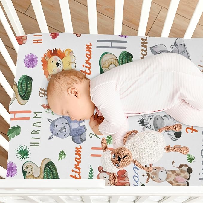 Personalized Mini Crib Mattress Fitted Sheets with Name, Customized Monogram Pack N Play Sheets for Baby Boys, Pack and Play Sheets Fitted, Stretchy Play Yard Sheets Playpen Sheet, Cute Animal