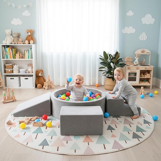 Tiita Climbing Toys for Toddlers 1-3 Indoor with Ball Pit, 4-Piece Kids Foam Climbing Blocks, Activity Soft Play Climbing for Baby, Grey, Balls not Included