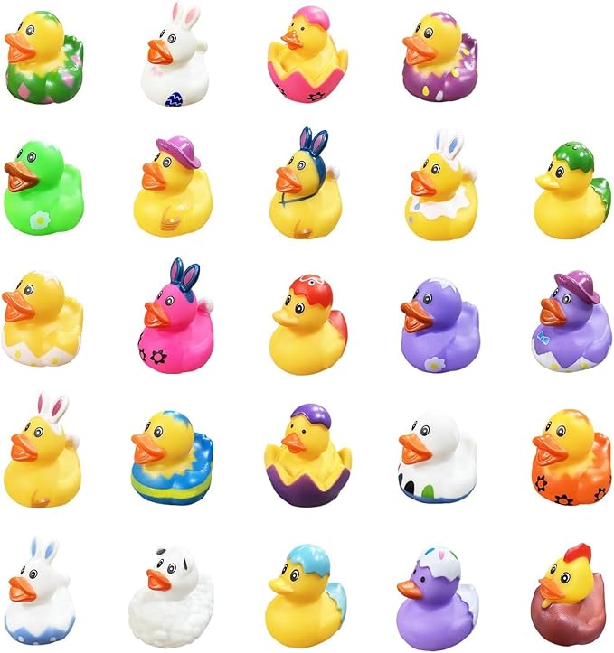 24Pcs Easter Ducks,Mini Rubber Ducks for Kids,2 Inch Bunny Duckies Bath Toys for Easter Party Favors Supplies Decoration,Classroom Exchange Prizes Gifts