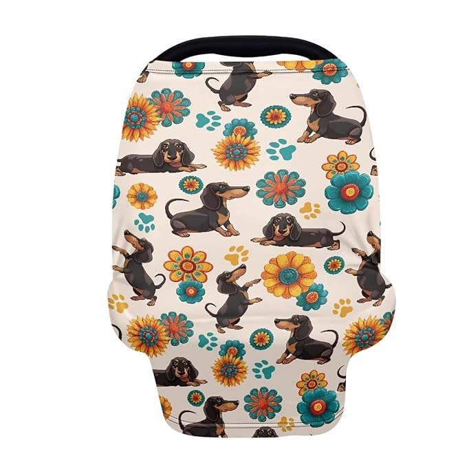 AFPANQZ Boho Flower Dachshund Stretchy Baby Car Seat Nursing Breastfeeding Cover Kit Super Breathable Multiuse Infant Carseat Canopy Stroller Cover Scarf for All Seasons Girl Boy Baby