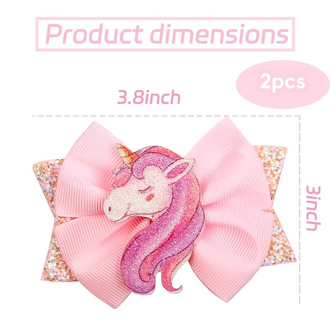 Glitter Unicorn Hair Bows for Girls - 2PCS Sparkly Pink Unicorn Bow, Cute Alligator Hair Clips Barrettes Hair Accessories for Toddler Kids Birthday Party, Princess Costume Gift