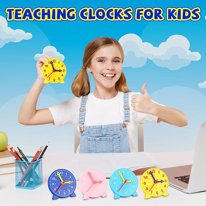 Batiyeer 24 Pcs Teaching Clock Kit for Kids to Tell Time Teaching Mini Geared Clock for Kids Basic Math Development Teacher and Classroom Supplies, 4 Inch(Dark Blue, Yellow, Pink, Sky Blue)