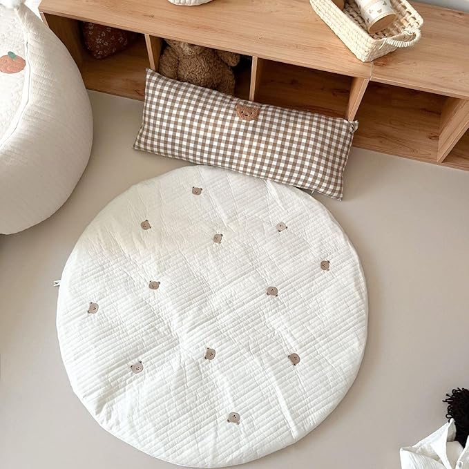 Baby Squirrel Embroidered Play Mats, 33.5" Cotton Crawling Mat, Detachable Washable Floor Mat Soft Kids Room Decor Rug Gym Nursery Area Rug Playroom Mat Carpet for Infant Toddler