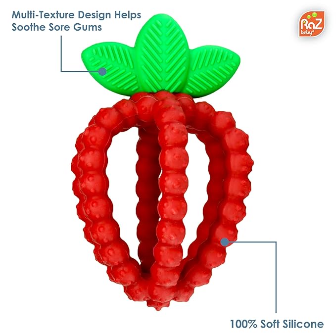 RaZbaby Silicone Infant and Baby Teething Toy Bundle - 3m+ - Soothe Sore Gums Back & Front with Natural Fruit Shape Designs