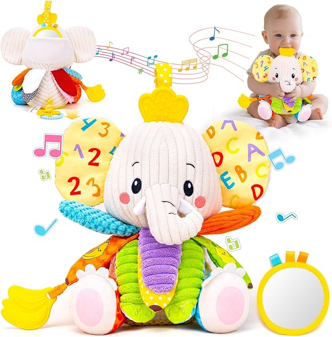 Baby Toys 3-6 Months, Musical Stuffed Elephant Toddler Toy for Newborn Infant 3 6 9 12 Months, Tummy Time Toys Montessori Sensory Toys 0-6 6-12 Months, Crinkle Paper, Mirror Soothing Music Shower Gift