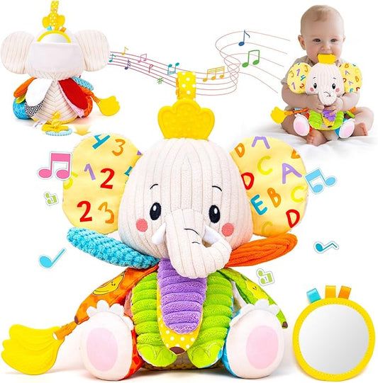 Baby Toys 3-6 Months, Musical Stuffed Elephant Toddler Toy for Newborn Infant 3 6 9 12 Months, Tummy Time Toys Montessori Sensory Toys 0-6 6-12 Months, Crinkle Paper, Mirror Soothing Music Shower Gift