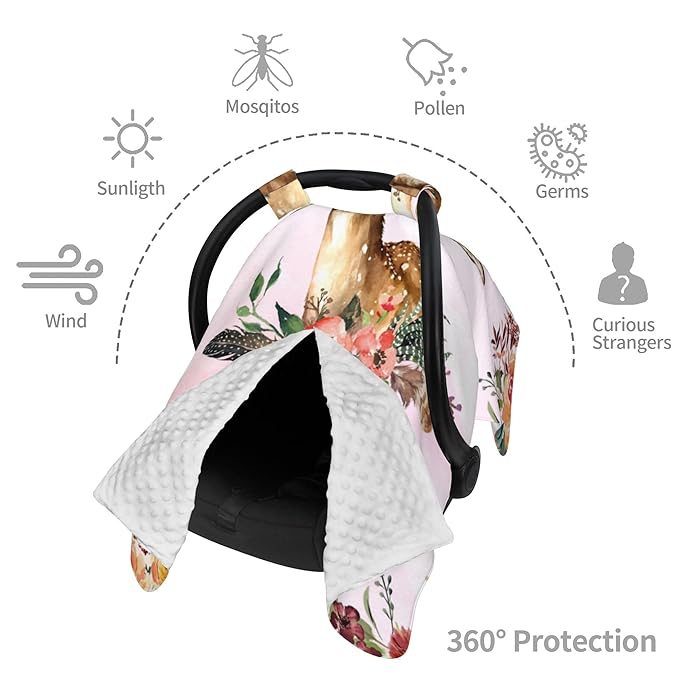 Personalized Custom Name Baby Car Seat Canopy - 2 in 1 Nursing Mom Breastfeeding Cover - Minky Baby Carrier & Stroller Cover with Deer Design