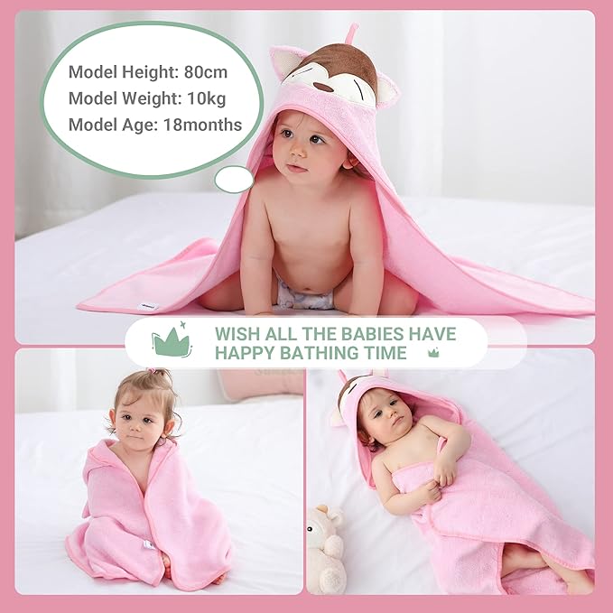 MICHLEY Bamboo Viscose Baby Hooded Bath Towel for Boys and Girls, 29.5 x 29.5 Inch Ultra-Soft and Quick-drying Infant Bath (Pink Fox)