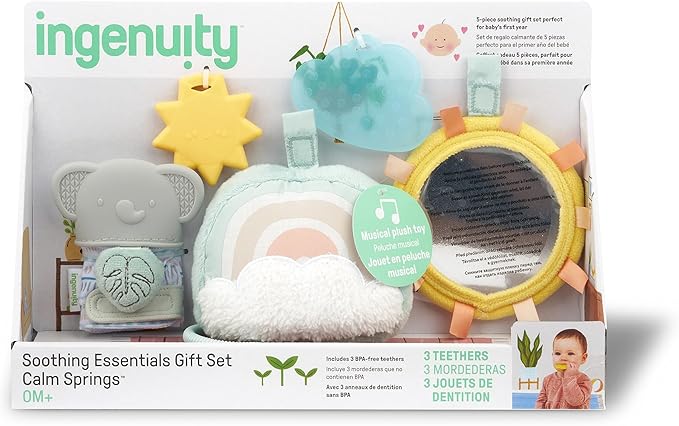 Ingenuity Calm Springs Soothing Essentials Gift Set - Musical Toy, Rattle, Mirror, 2 Teethers for Baby